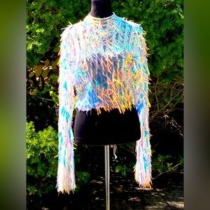 Rare n awesome! Iridescent Fringe sheer lined Crop Top